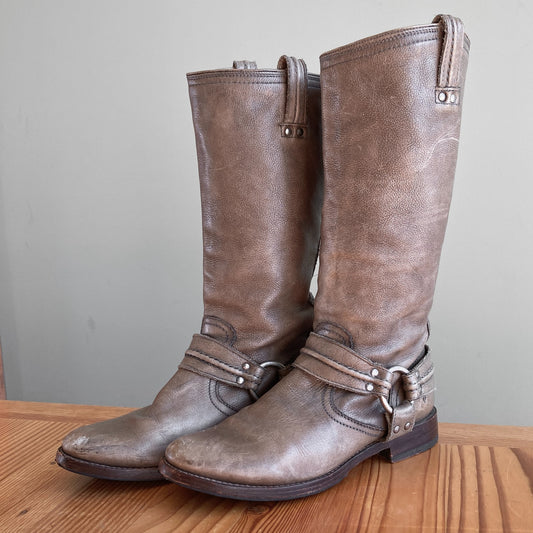 8 - Frye Gray Maxine Trapunto Tall Leather Womens Harness Boots 0107KA