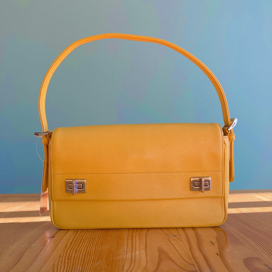 Prada Mimosa Yellow Cleo Double Lock Saffiano Leather Shoulder Bag Purse 0322AS