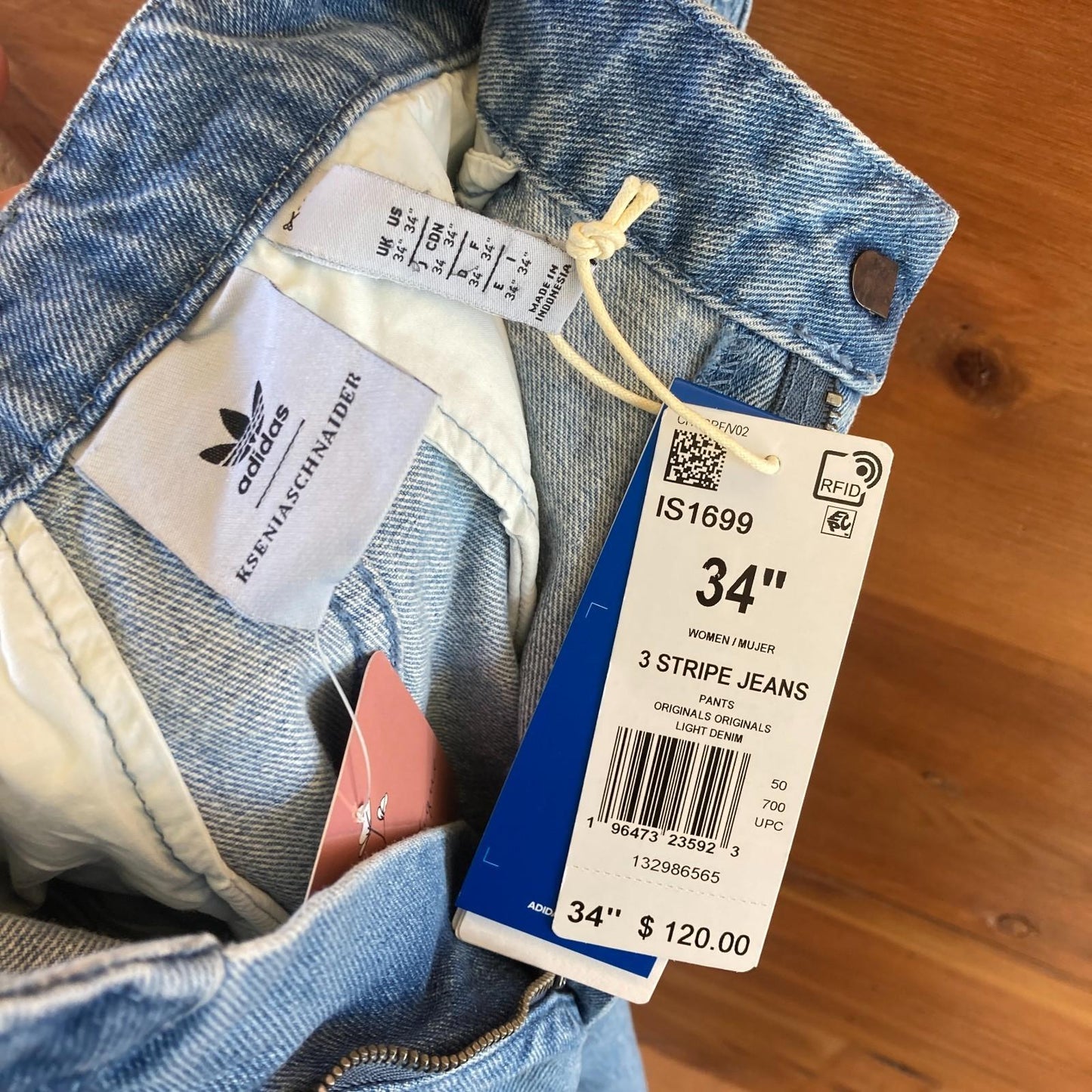 34 - Adidas X Kseniaschnaider Light Denim NEW $120 3 Stripe Womens Jeans 0110IC