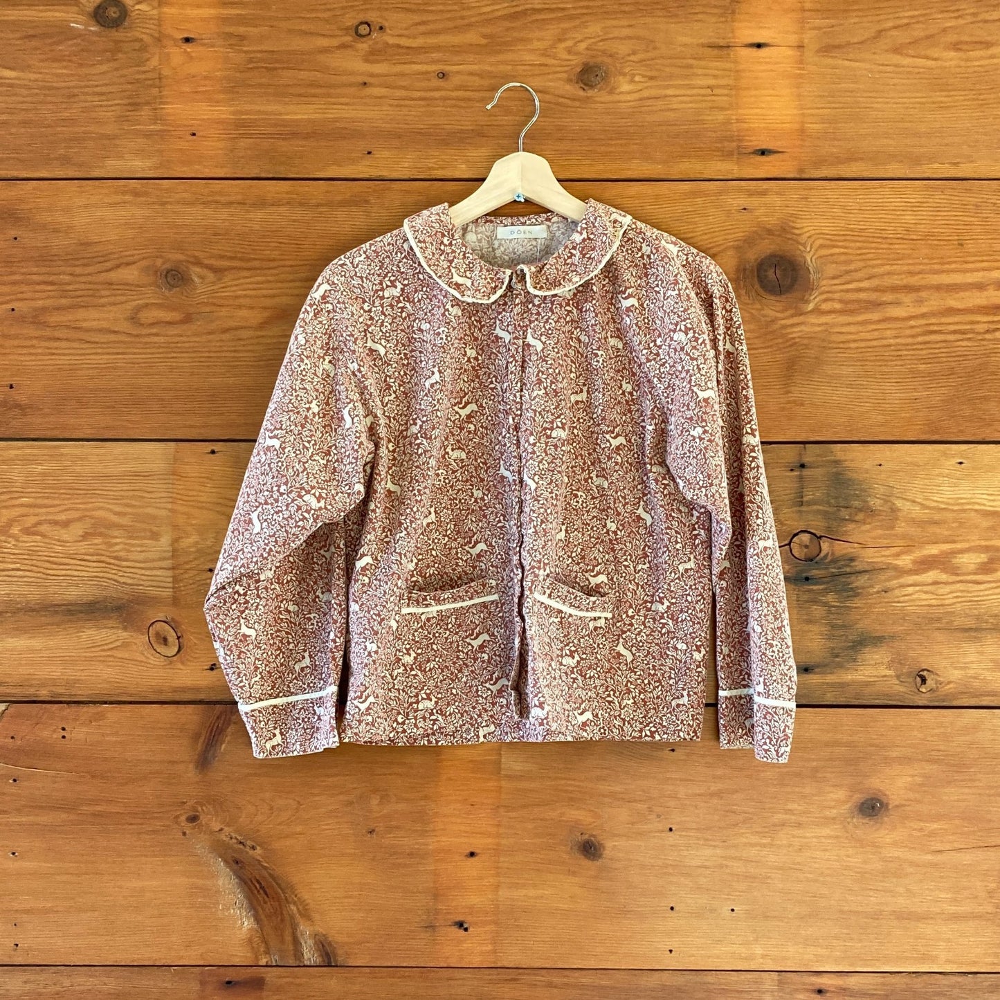 S - Doen Brown Woodland Print Long Sleeve Lounge Pajama Top & Pants Set 0723ML