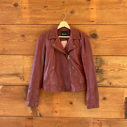 L - Madewell Burgundy $525 Washed Leather Womens Motorcycle Jacket 1011SC