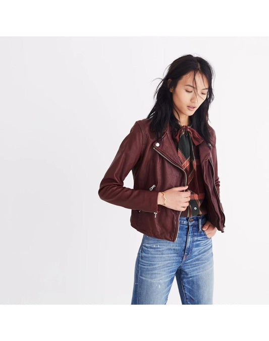 L - Madewell Burgundy $525 Washed Leather Womens Motorcycle Jacket 1011SC