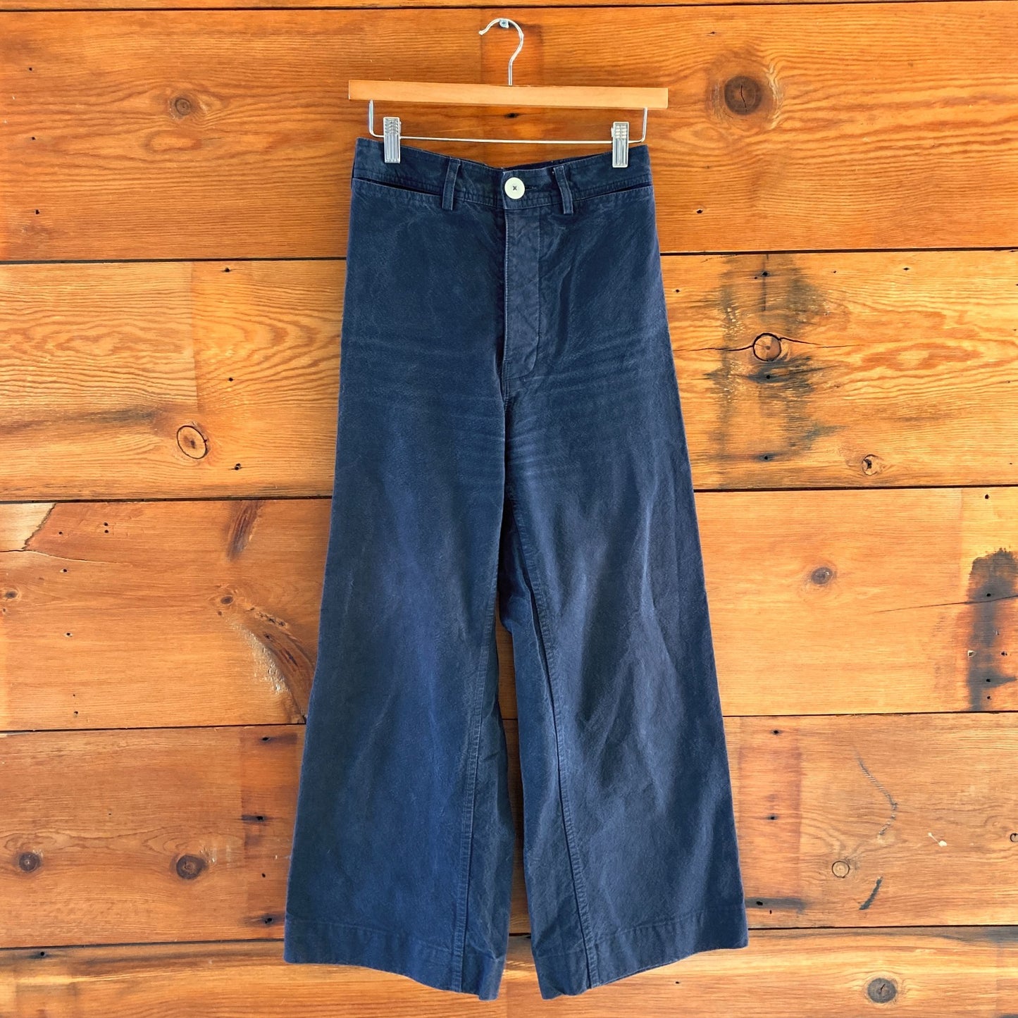 S - Jesse Kamm Navy Cotton Canvas Waxed Wide Leg High Waist Pants 0117JK