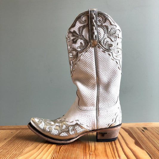 8.5 - Lane $495 White Wedding Silver Lilly Cowboy Snakeskin Boots EUC 1011SC