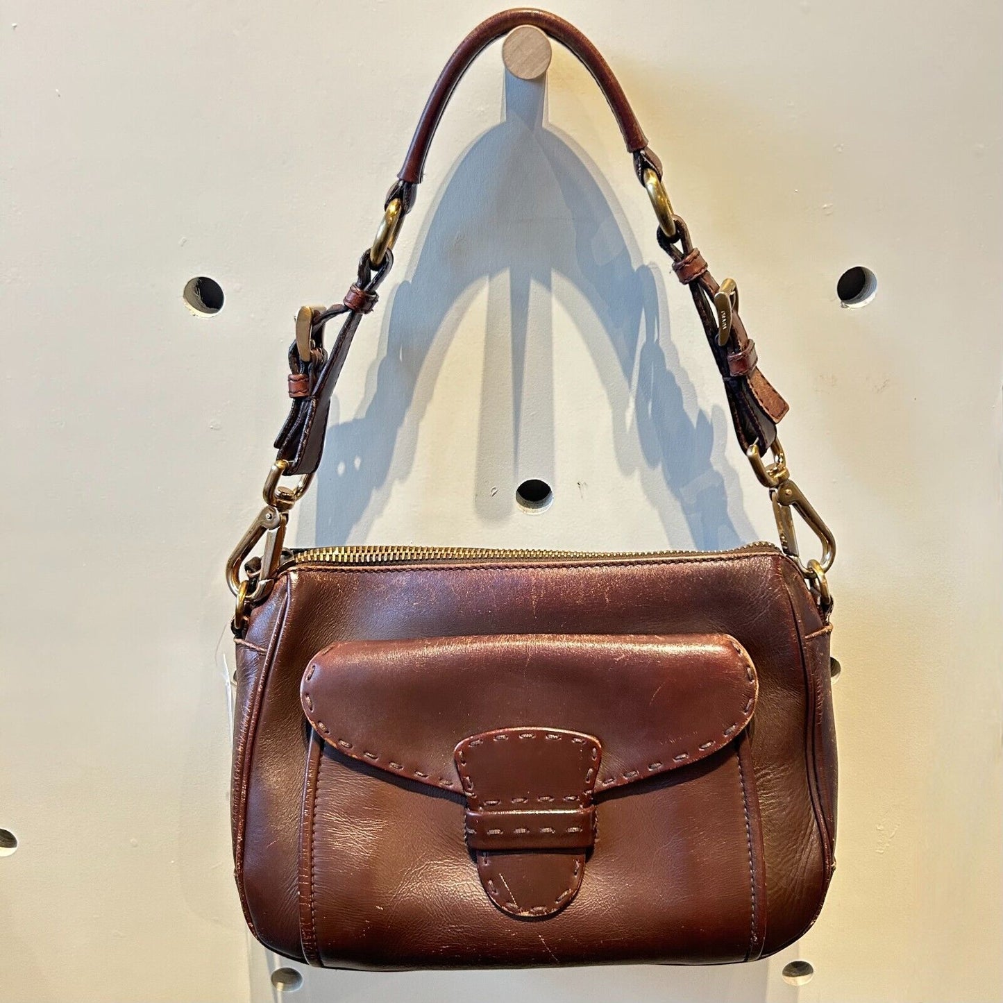 Prada Brown Distressed Leather Top Zip Vintage Shoulder Bag Purse 1202KA