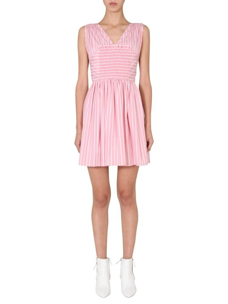 38 / L - MSGM Pink White Striped NEW $460 Smocked Sleeveless Dress 1118SM