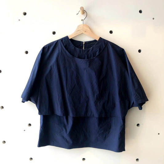 6 - The Row Navy BlueShort Sleeve Layered Cotton Shirt Top 0706AV