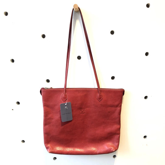 Il Bisonte Red Leather Made In Italy Zip Top Shoulder Bag Tote Purse 0914LH
