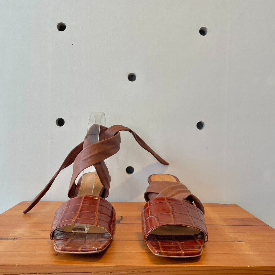 39 / 8.5 - Ganni $280 Cognac Brown Croc Ankle Wrap Sandals w/ Box 0226AT