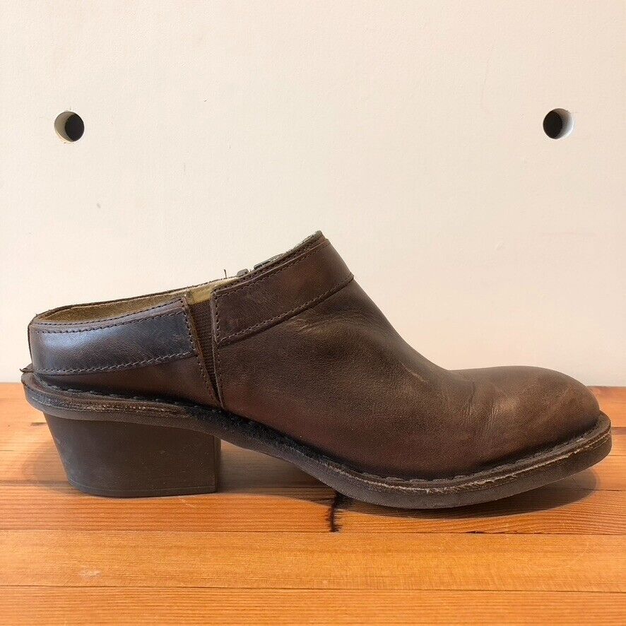 40 / 9-9.5 - Fly London Brown Leather Buckle Slip On Clog Mule Heel Shoes 0504NS
