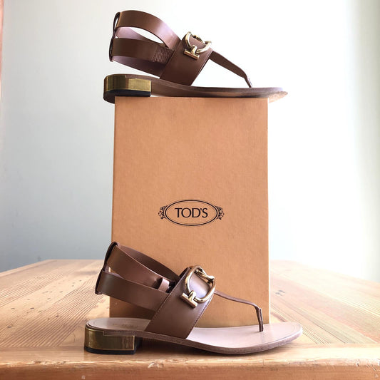 39 / 9 - Tod's Brown Leather T Bar Gold Accent Ankle Strap Sandals w/ Box 0419NR