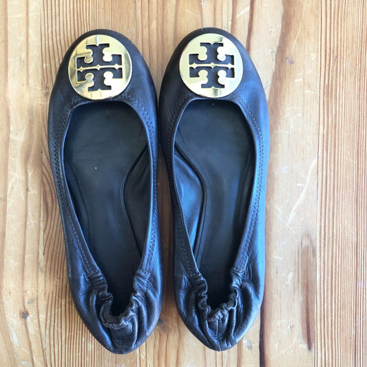 7 - Tory Burch Chocolate Brown Leather Gold Emblem Reva Flats Shoes 0801TH