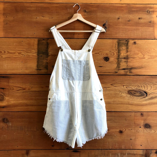 2 / M - The Great. Ecru White Striped Contrast Frayed Hem Shorts Overalls 1011MP