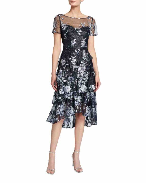 12 - Marchesa Notte Navy Embroidered Floral Ruffle Tiered Cocktail Dre –  Modo Boutique