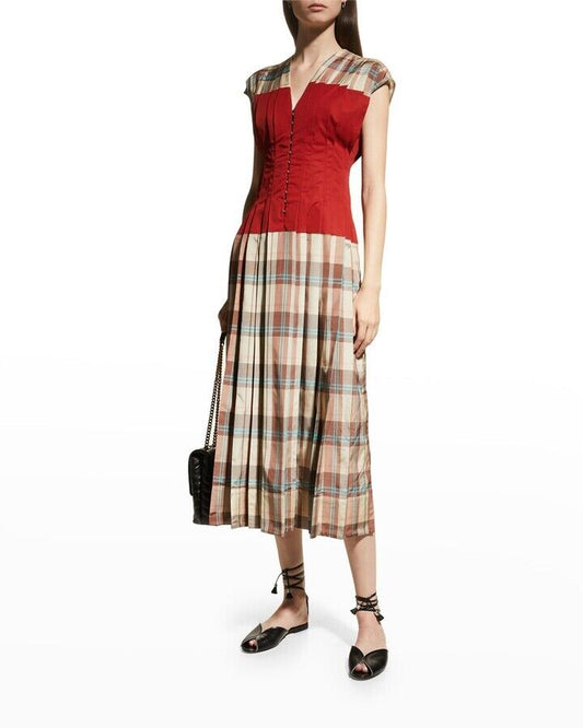 6 - Tory Burch NEW $1198 Red Madras Plaid Pleated Silk Claire Dress 1008JG