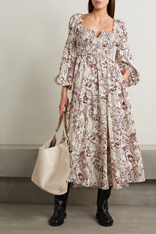 L - La Ligne NEW $595 Cream Burgundy Garden Vegetable Print Bettina Dress 0206BS