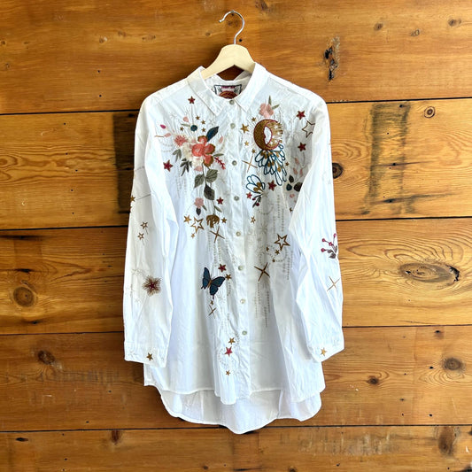 M - Johnny Was $345 White Embroidered Button Up Long Sleeve Dress NEW 0716MD