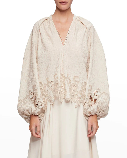 M - Jonathan Simkhai $495 Chantilly Jaid Crochet Balloon Sleeve Top NEW 0716MD