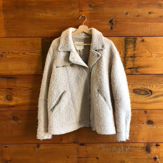 L - by Anthropologie Off White Felted Wool Longline Moto Coat Jacket 1021EM