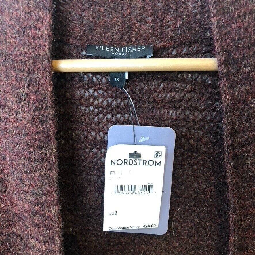 1X - Eileen Fisher Dark Red Brown NEW $428 Baby Alpaca Cardigan Sweater 0716MD