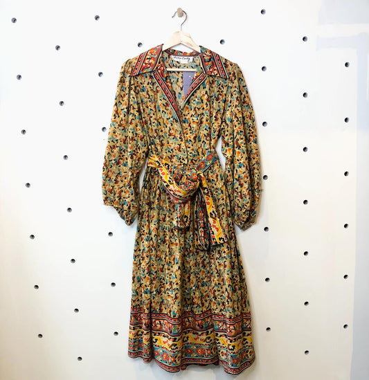 "S/M - Victor Costa Brown Printed Vintage 70's Boho Peasant Belted Dress 0531RC