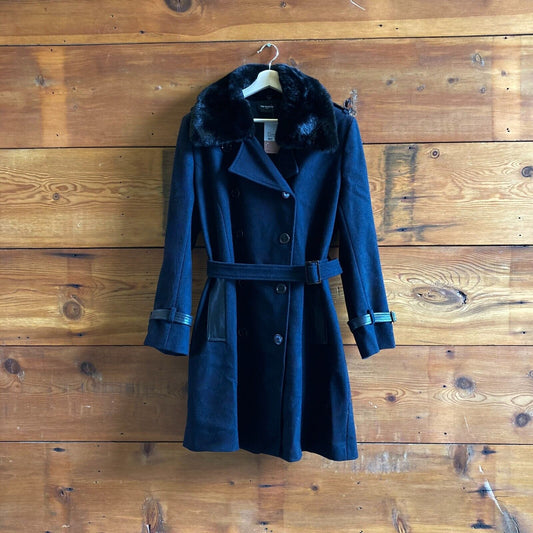 S - The Kooples Navy w/ Faux Fur Trim Double Breasted Wool Belted Jacket 0920PW