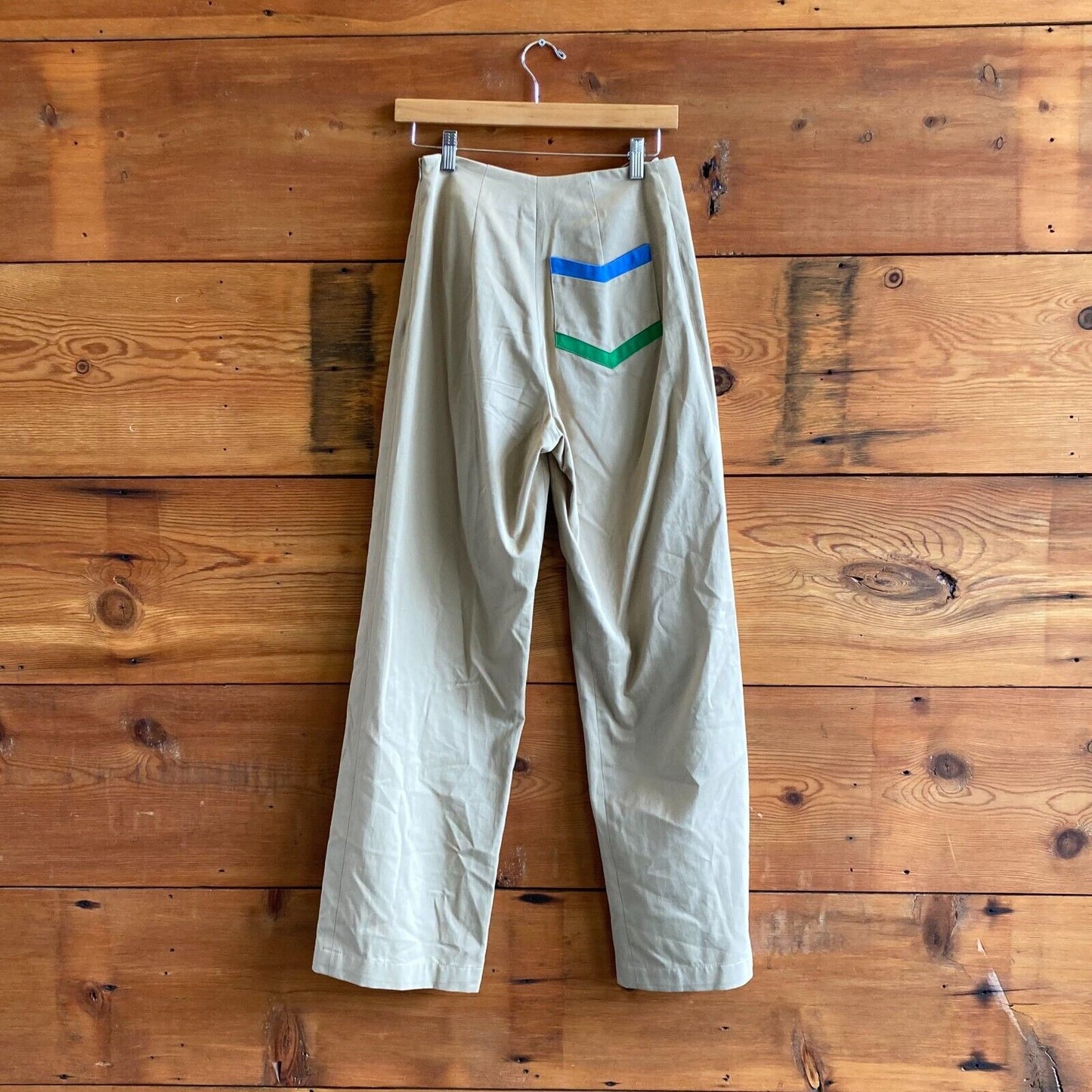 4 - Rosie Assoulin Khaki $1,195 Walk the Plank Pants w/Olive Green Stripe 0816MS