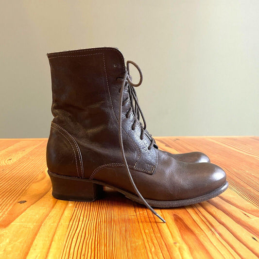 37 / 6.5 - Fiorentini + Baker Brown Leather Lace Up Heeled Combat Boots 1123NW