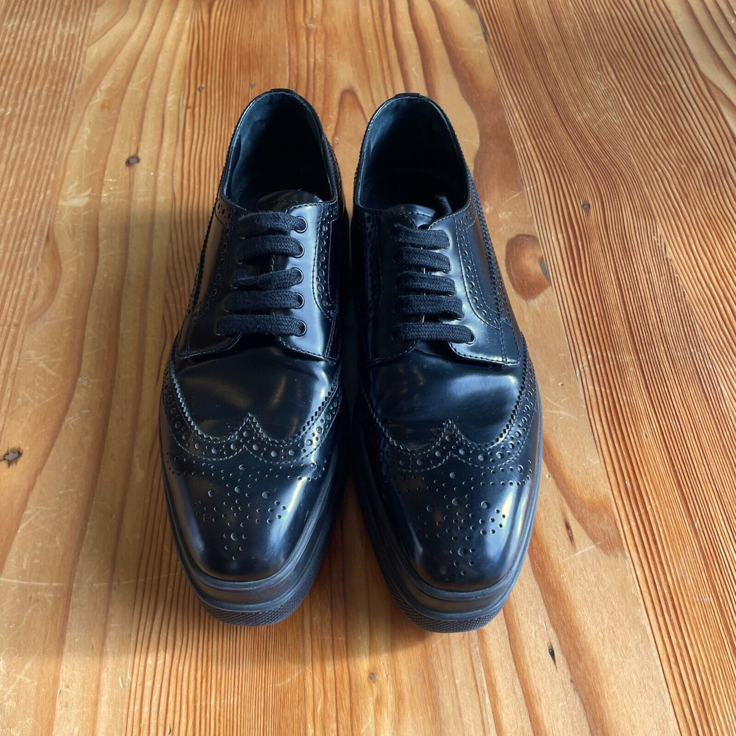 37 / 6.5 - Prada Black Leather Oxfords Brogue Platform Lace Up Shoes 0425GN