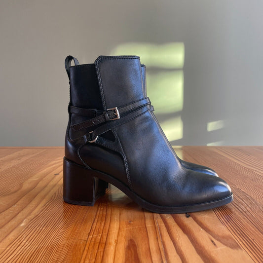 36.5 / 6.5 - Rag & Bone Black Leather Hazel Buckle Stacked Heel Boots 0916VB