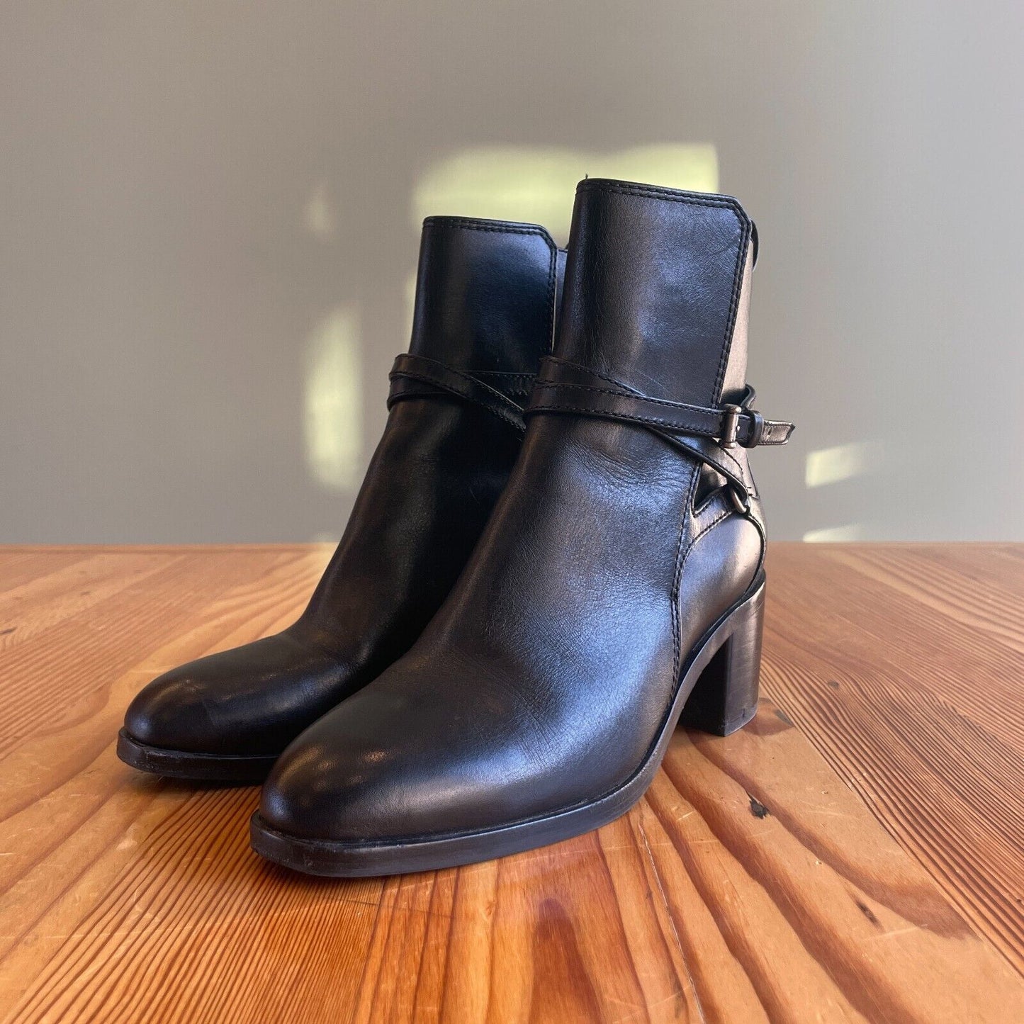 36.5 / 6.5 - Rag & Bone Black Leather Hazel Buckle Stacked Heel Boots 0916VB