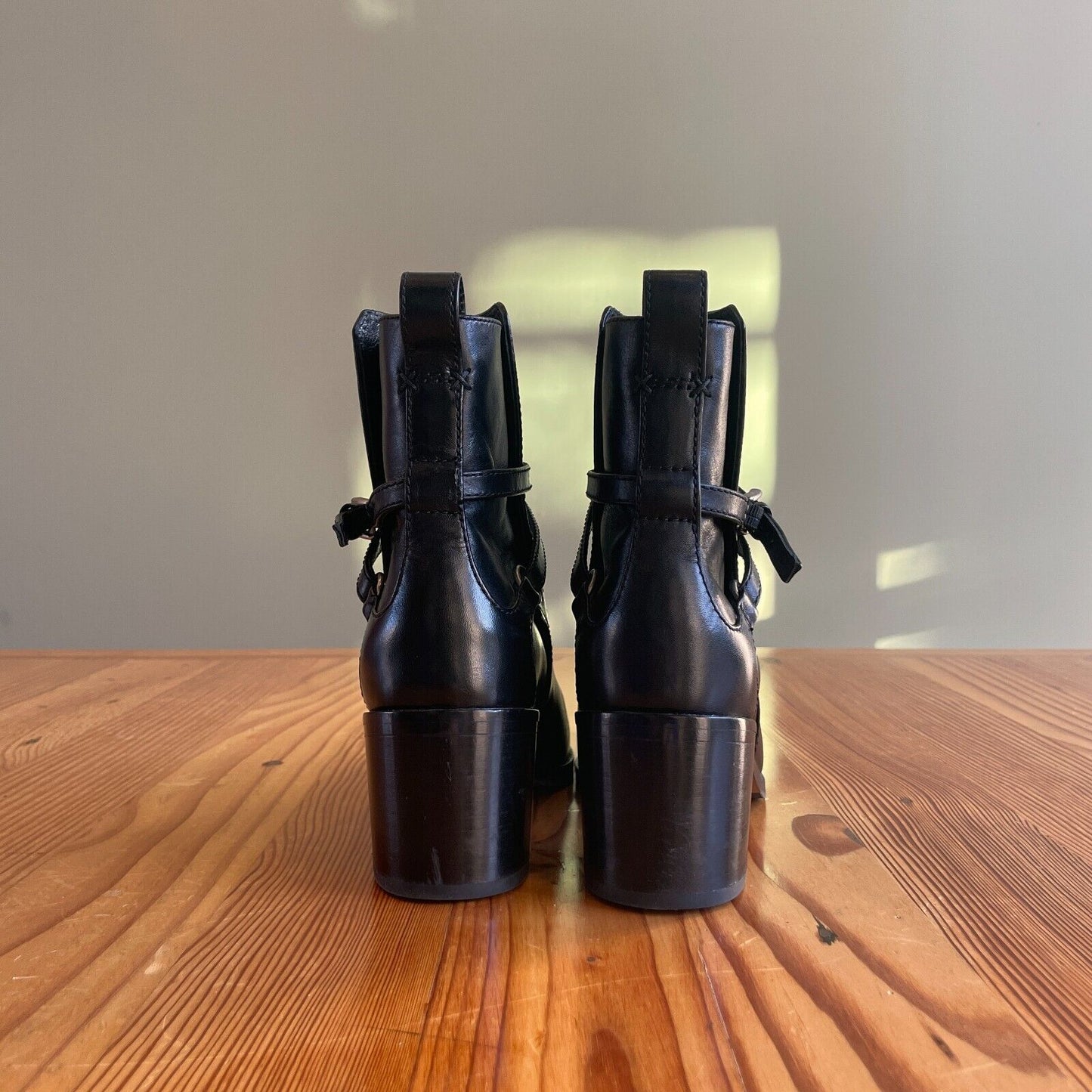 36.5 / 6.5 - Rag & Bone Black Leather Hazel Buckle Stacked Heel Boots 0916VB