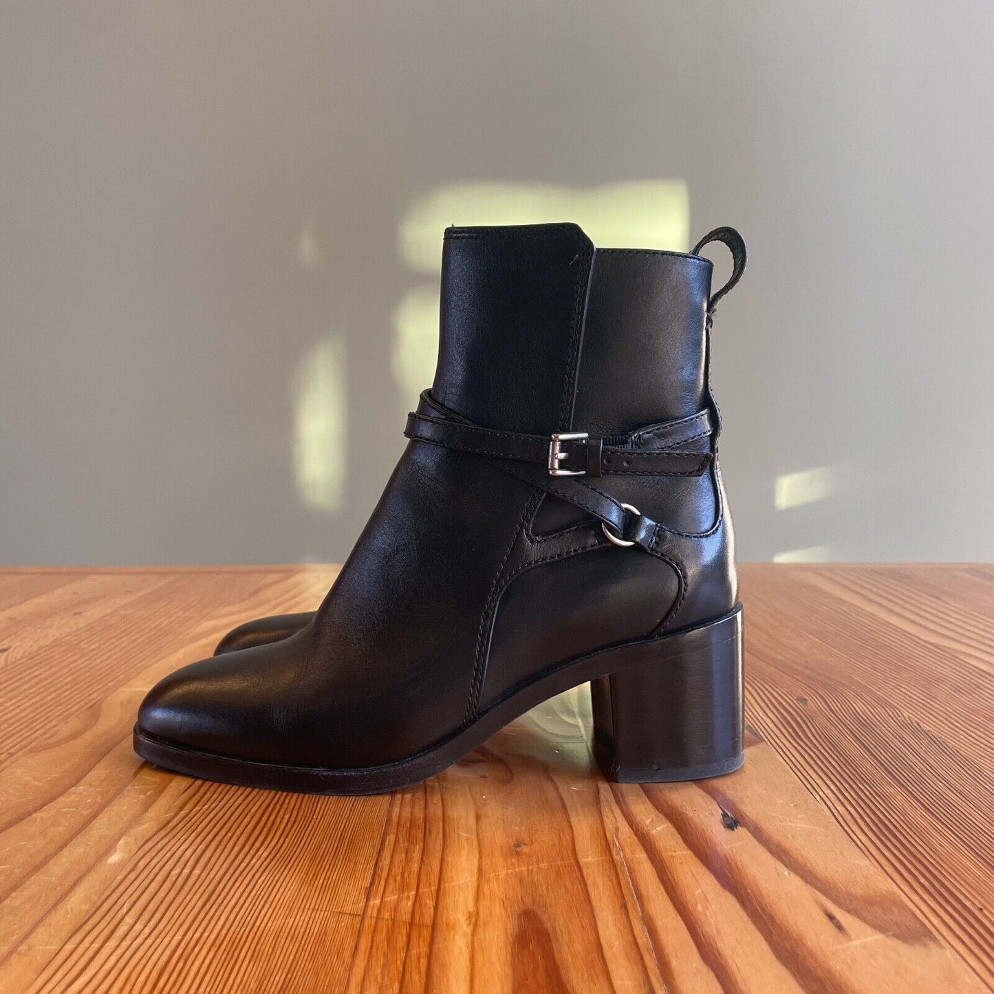 36.5 / 6.5 - Rag & Bone Black Leather Hazel Buckle Stacked Heel Boots 0916VB