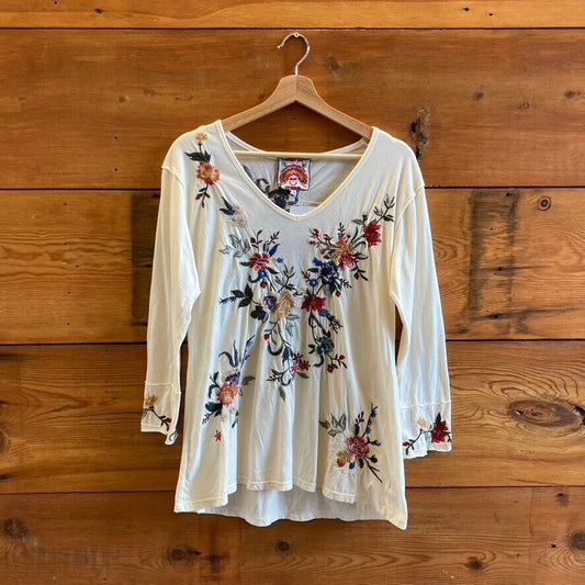 S - Johnny Was White V-Neck Floral Embroidered Long Sleeve Shirt Top 1213SM