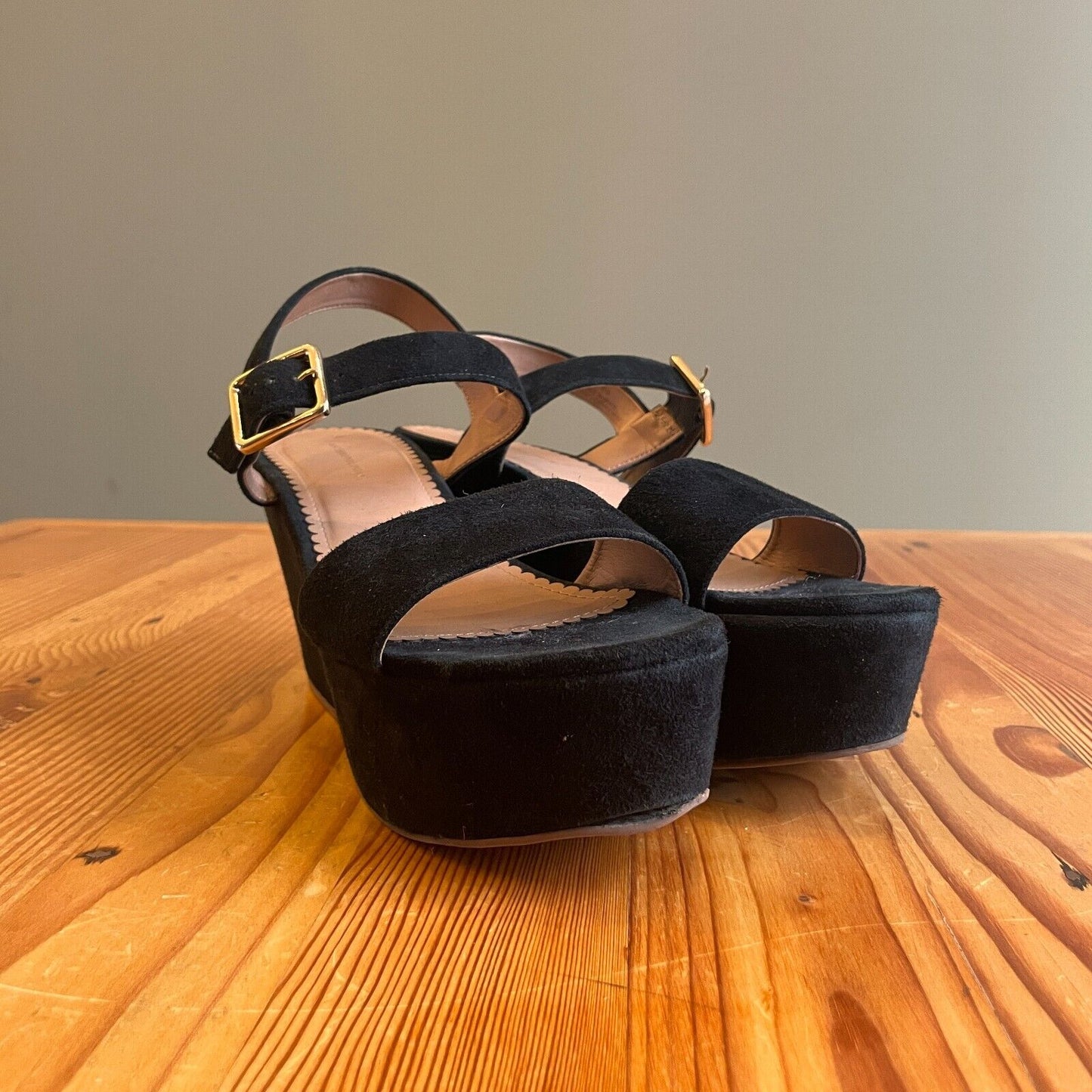 10 - A / Anthropologie Black Suede Strappy Platform Sandals Shoes 0628AC