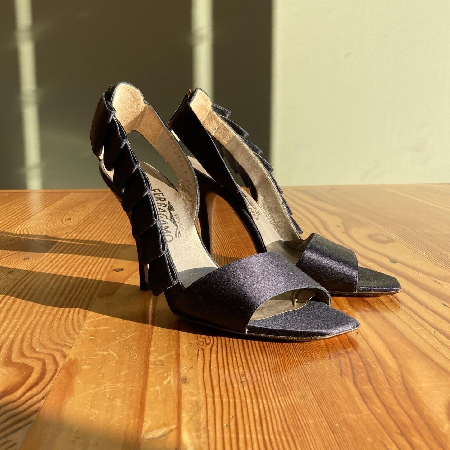 8 - Salvatore Ferragamo Navy Bow Pleat Open Toe High Heel Stiletto Heels 0605MH