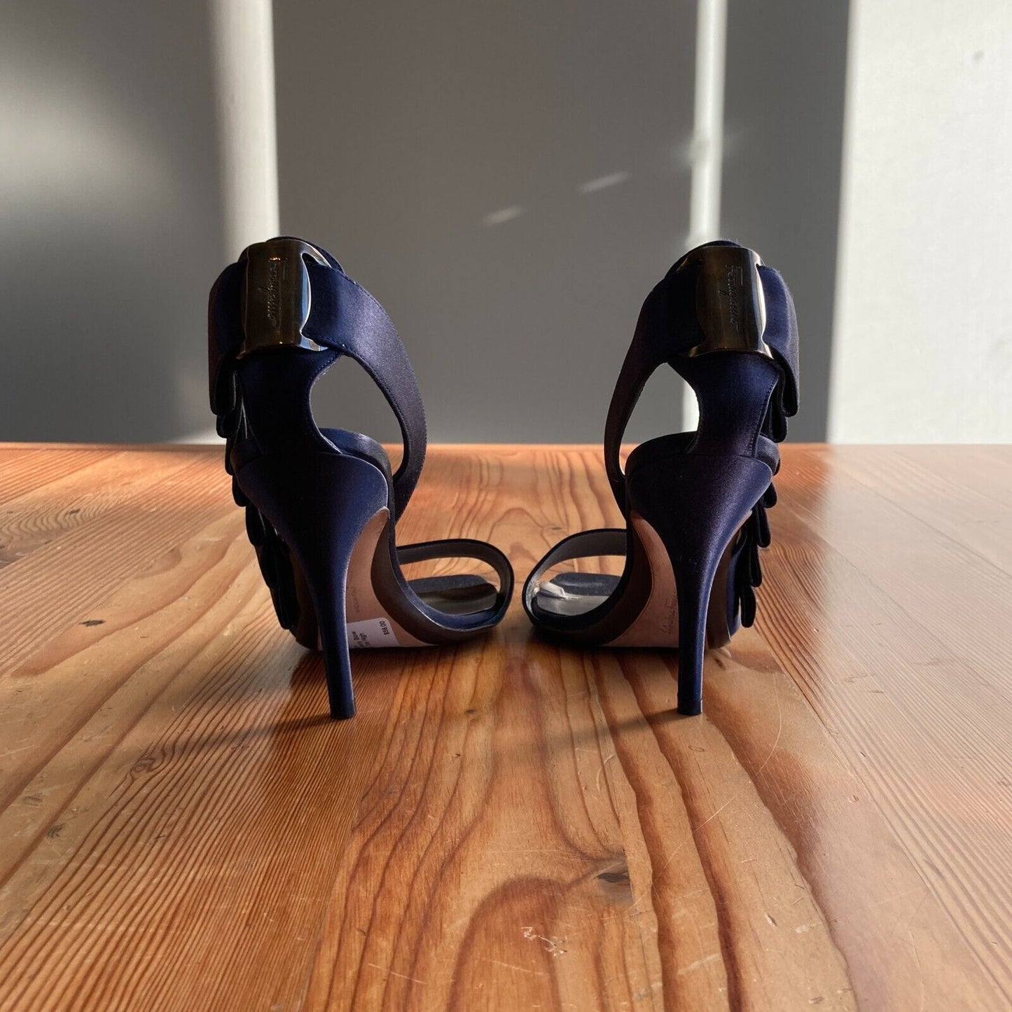 8 - Salvatore Ferragamo Navy Bow Pleat Open Toe High Heel Stiletto Heels 0605MH