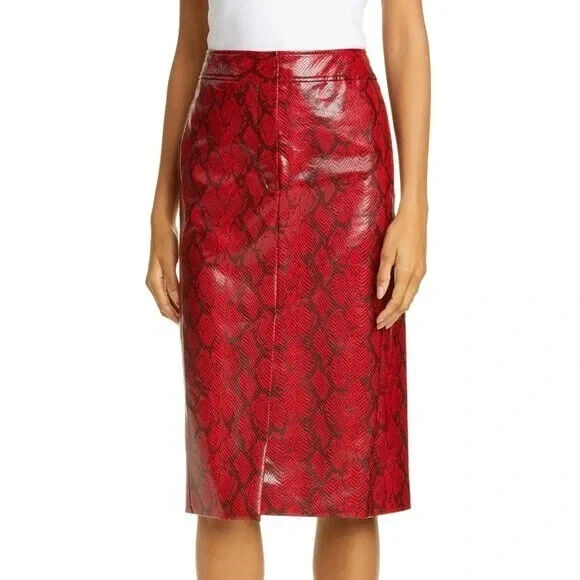 4 - Tibi $425 Red Snakeskin Patterned Faux Leather Pencil Skirt NEW 1117KW