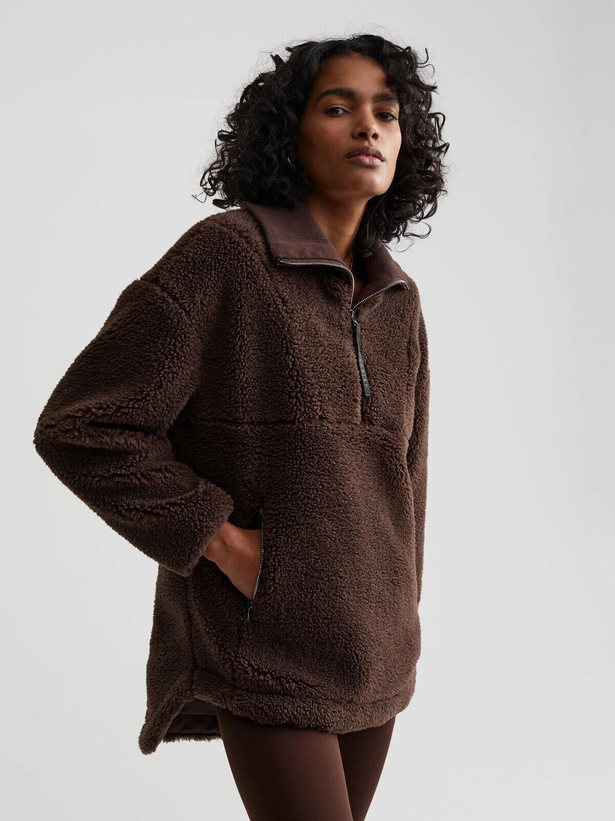 M - Varley Brown Sherpa Fleece Stratton Pullover Zip Neck Jacket 0523HS