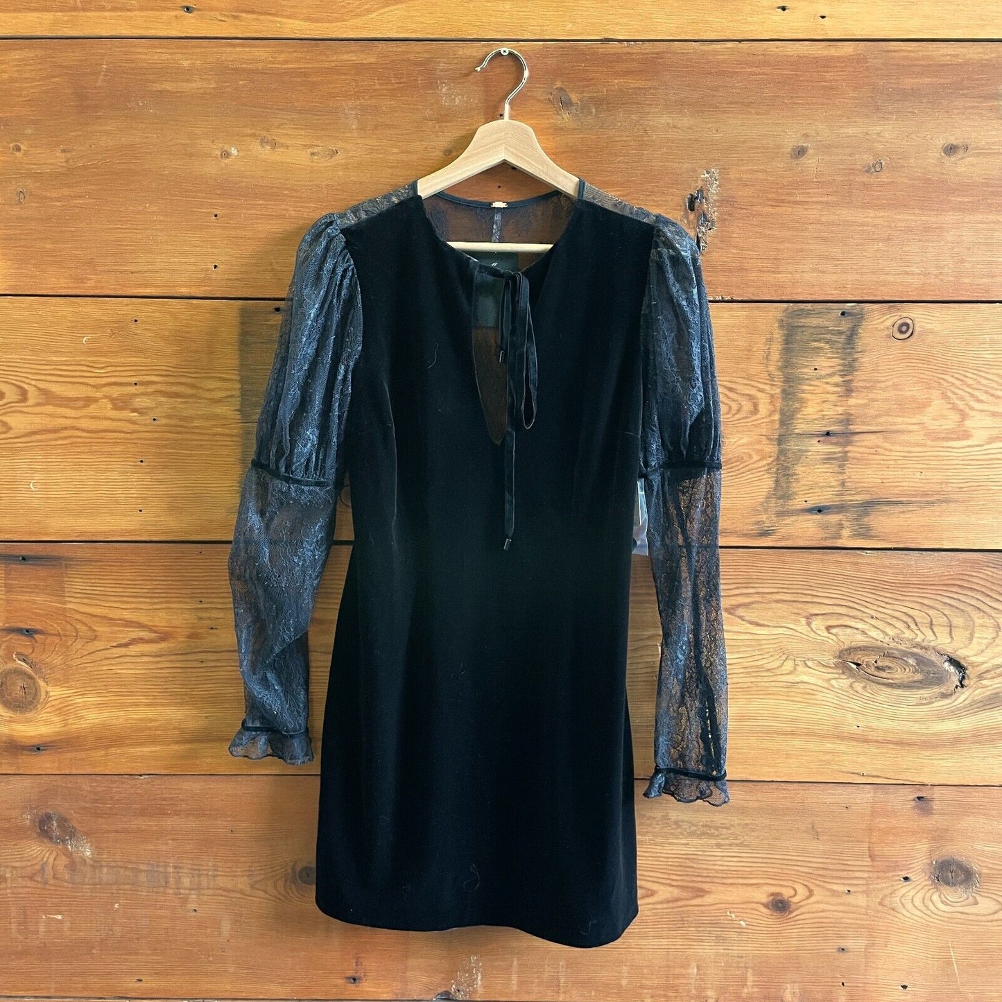 S - Free People Black Velvet & Lace NEW $168 Midnight Hour Mini Dress 0916ES