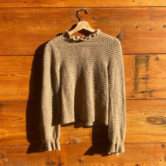 P / XS - Ulla Johnson Light Brown Baby Alpaca Laila Ruffle Trim Sweater 0410KB