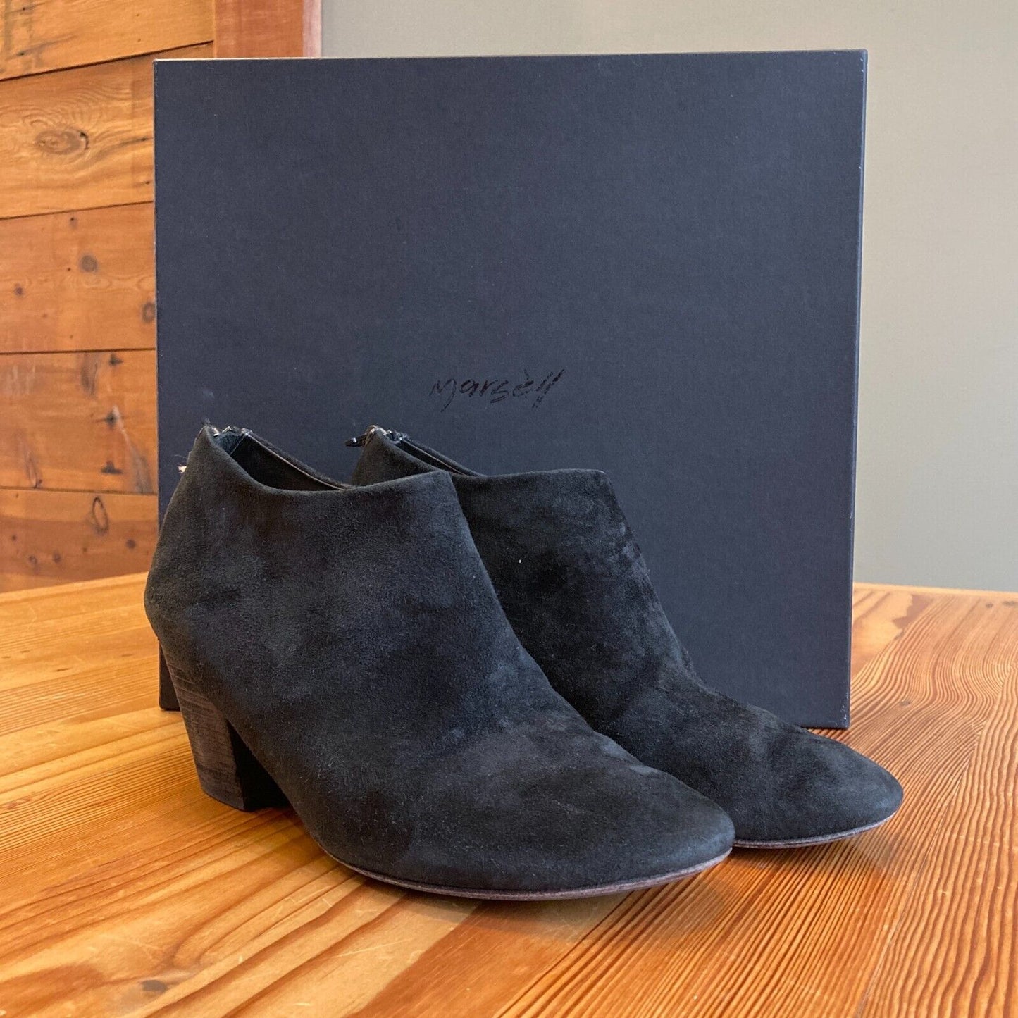 37.5 / 7.5 - Marsell $898 Black Suede Leather Heeled Ankle Boots w/ Box 0121PK