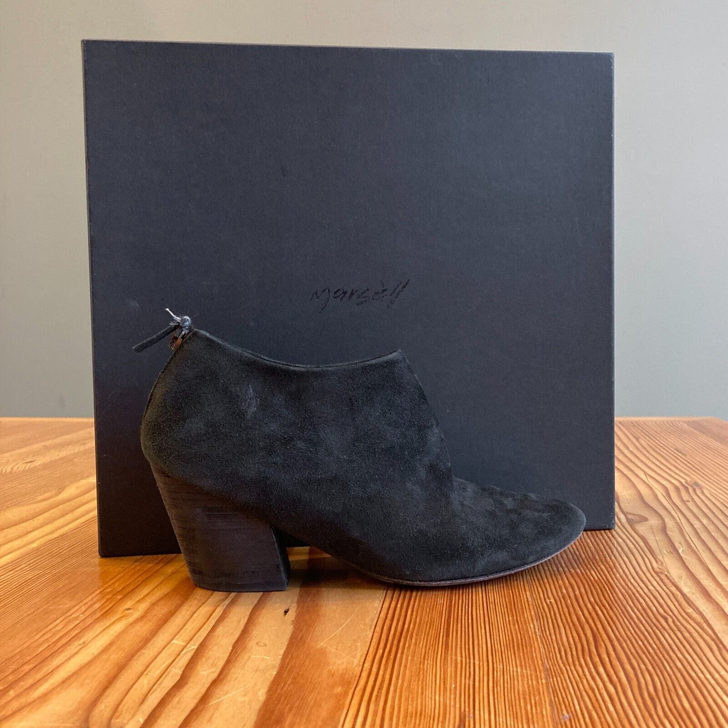 37.5 / 7.5 - Marsell $898 Black Suede Leather Heeled Ankle Boots w/ Box 0121PK