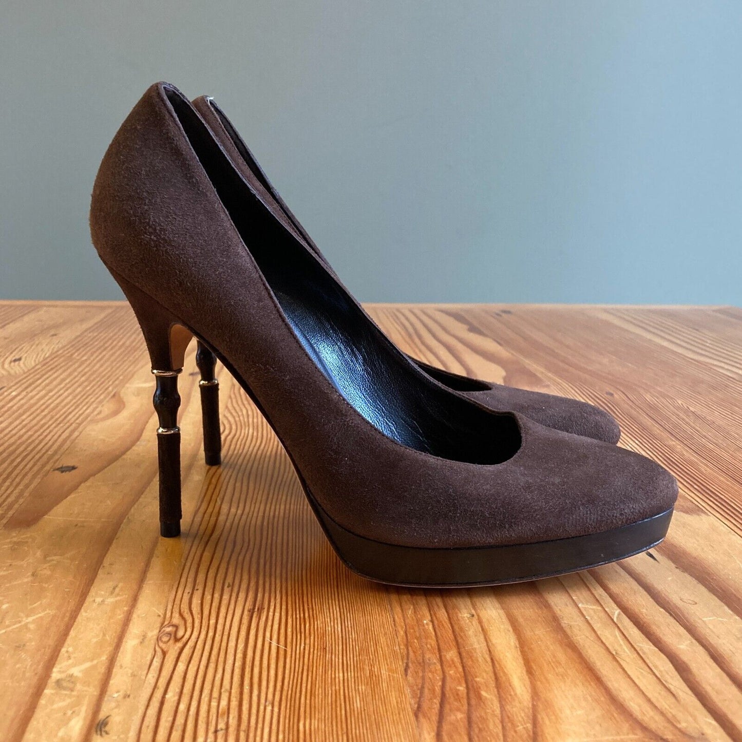 38.5 / 8.5 - Gucci Brown Suede High Bamboo Heel Platform Pumps 1203MK