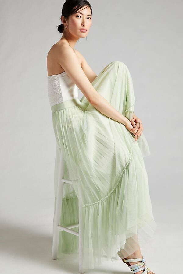 S - Geisha Designs Anthropologie Light Green Flounced Tulle Maxi Skirt 1022ED