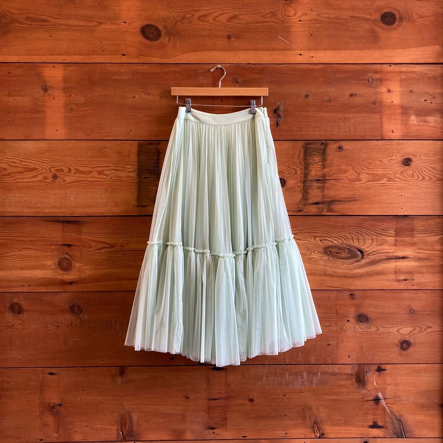 S - Geisha Designs Anthropologie Light Green Flounced Tulle Maxi Skirt 1022ED