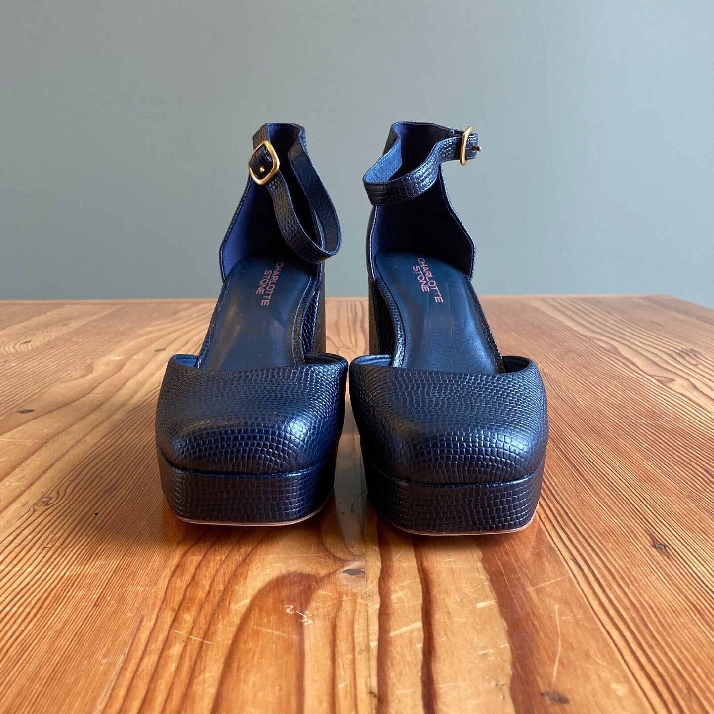 10 - Charlotte Stone $248 Navy Fran Sculpted Heel Platform Shoes NEW 0628AC