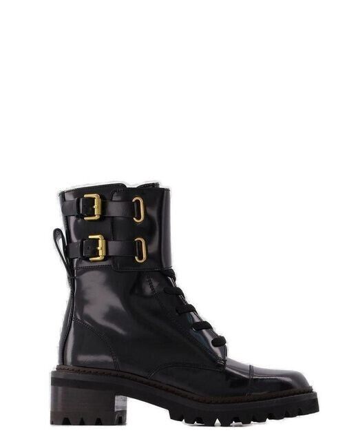 38 / 8- See by Chloe Black Patent Leather Combat Buckle Mallory Boots NEW 0417DL