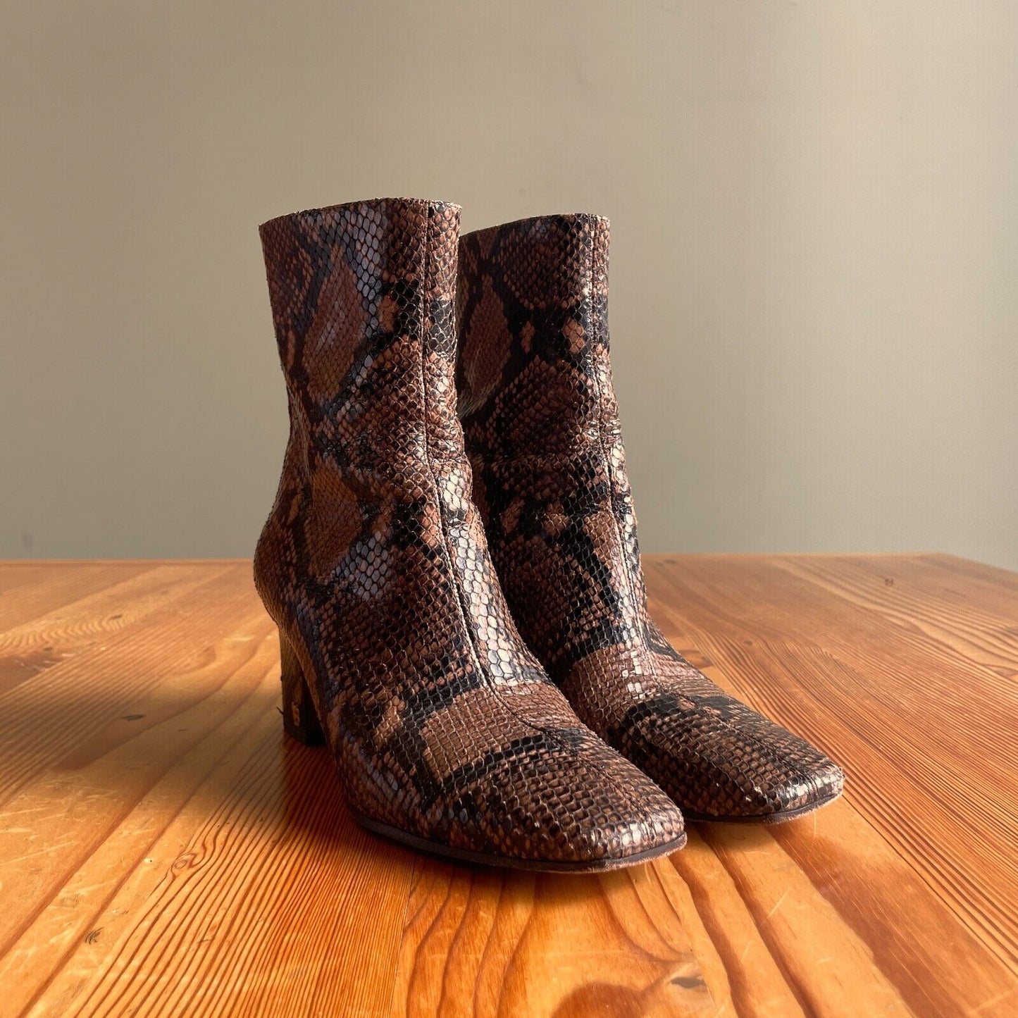 6.5 - Veronica Beard Brown Snakeskin Leather Heeled Square Toe Boots 0102JM