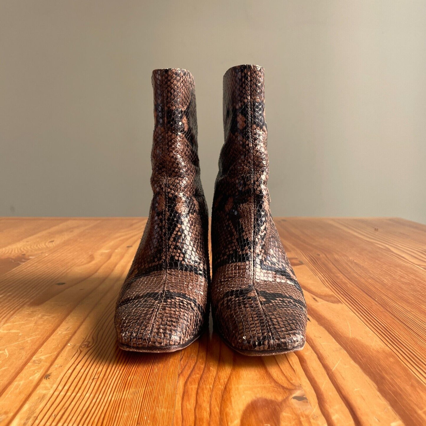 6.5 - Veronica Beard Brown Snakeskin Leather Heeled Square Toe Boots 0102JM